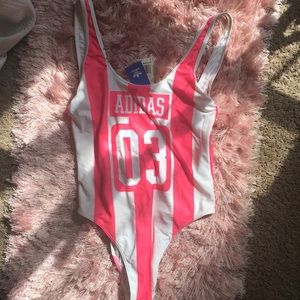Pink and white striped adidas swimsuit
